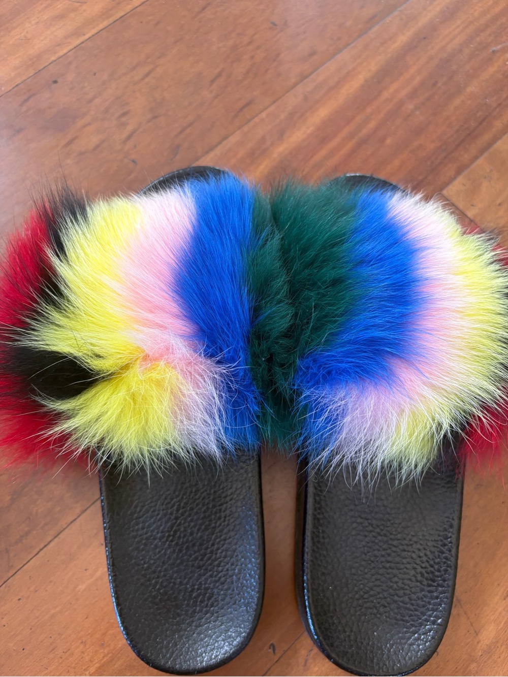 Multicolor Rabbit Fur Slide Sandals - Women's Fashion Slides
